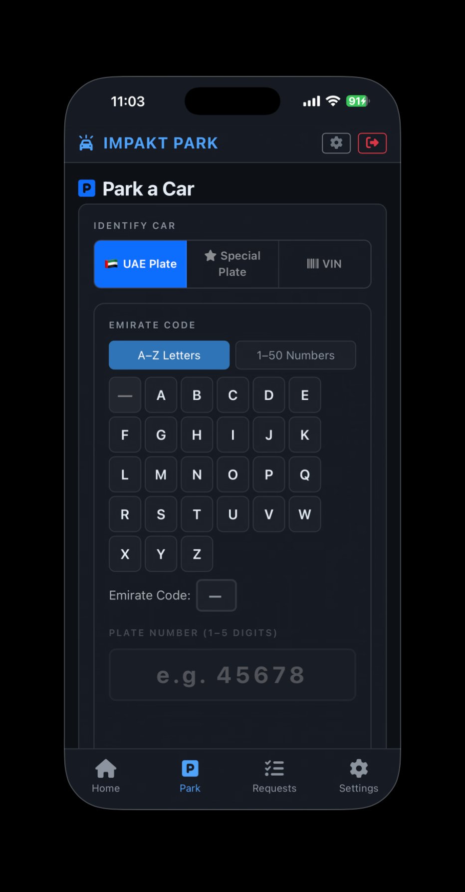 Mobile Park Flow — UAE plate picker